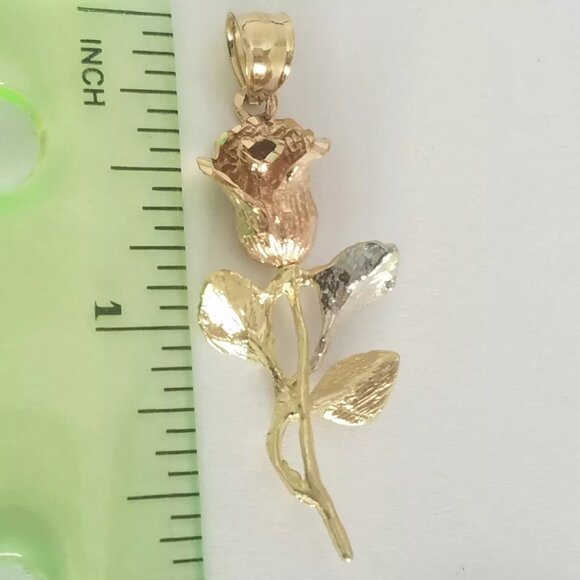 Solid 14k yellow white rose flower Gold pendant charm 3D - Picture 7 of 8